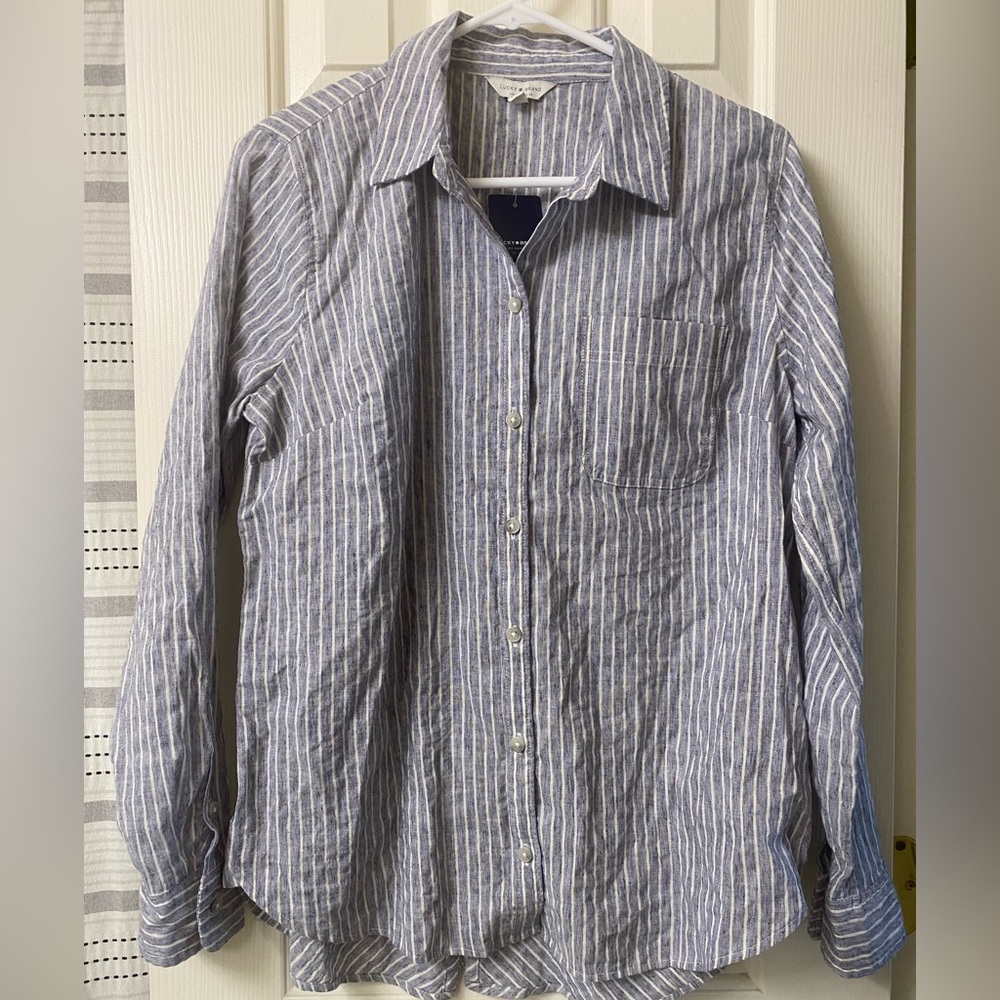 Lucky Brand Striped Button Down Shirt With Button Detail On Back Size Medium NWT